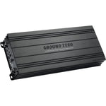 Un amplificador negro Ground Zero Hydrogen GZHA MINI ONE-K Clase D de 1 canal con un elegante diseño metálico rectangular y conectores etiquetados en un lateral.