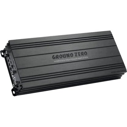 Un amplificador negro Ground Zero Hydrogen GZHA MINI ONE-K Clase D de 1 canal con un elegante diseño metálico rectangular y conectores etiquetados en un lateral.