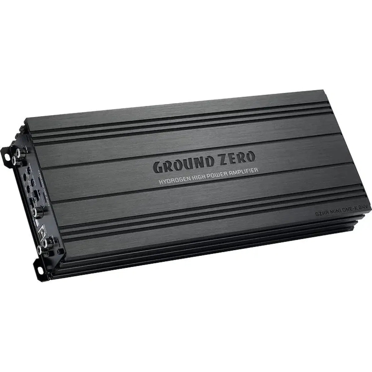 The Ground Zero Hydrogen GZHA MINI ONE-K 24V is a black Class D power amplifier with a rectangular, ridged design and ports on one side.