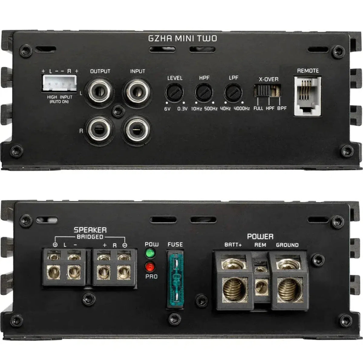 Deux vues de lamplificateur de classe D Ground Zero Hydrogen GZHA MINI TWO, montrant les ports dentrée/sortie, les cadrans de contrôle et les bornes dalimentation et de haut-parleur étiquetées.