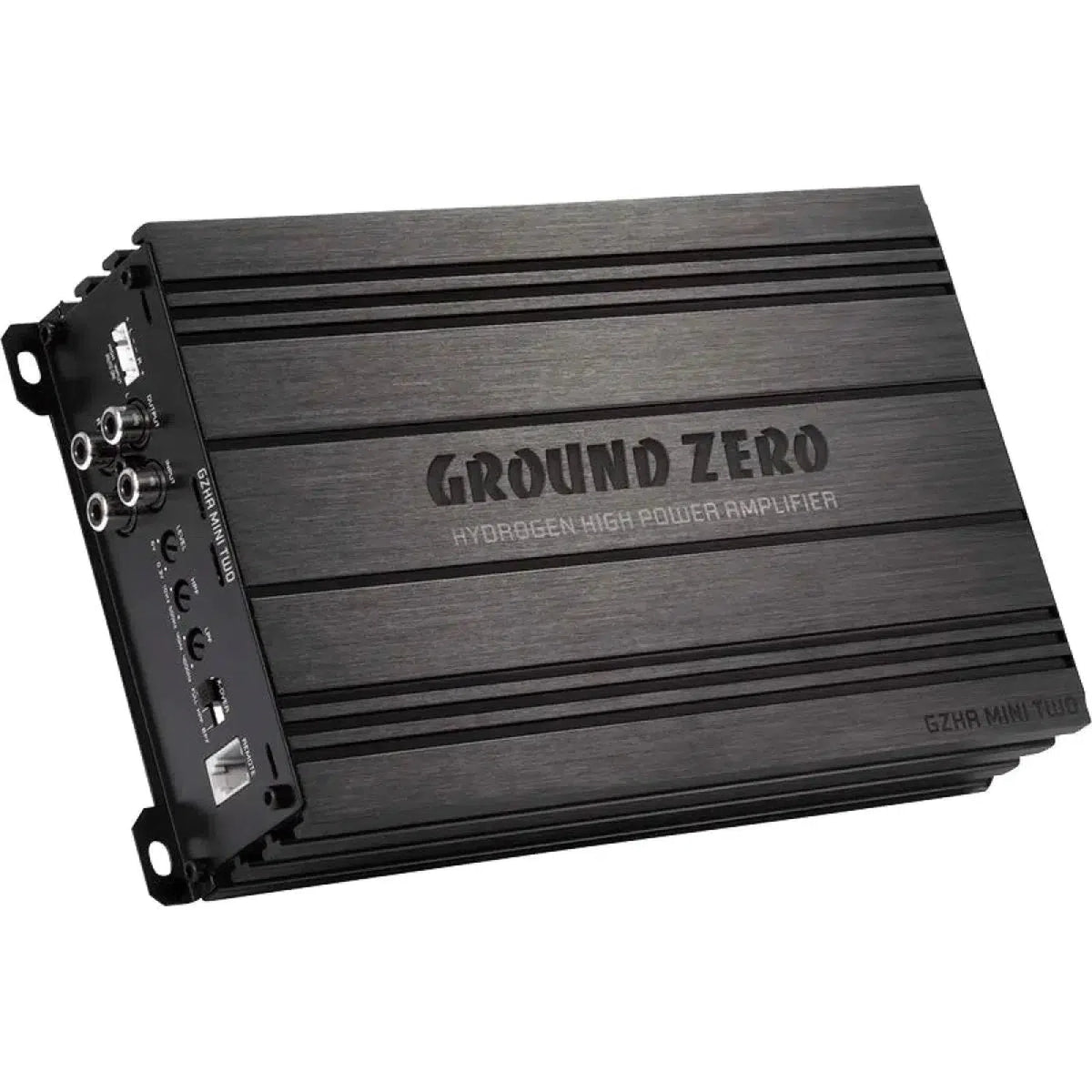 Il Ground Zero Hydrogen GZHA MINI TWO è un amplificatore nero a 2 canali ad alta potenza con manopole di controllo laterali e porte di ingresso.