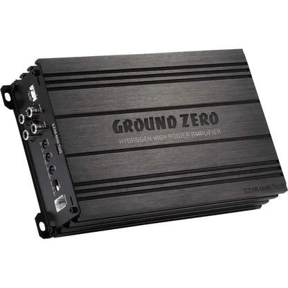 Le Ground Zero Hydrogen GZHA MINI TWO est un amplificateur de puissance à 2 canaux de couleur noire avec des boutons de contrôle latéraux et des ports dentrée.