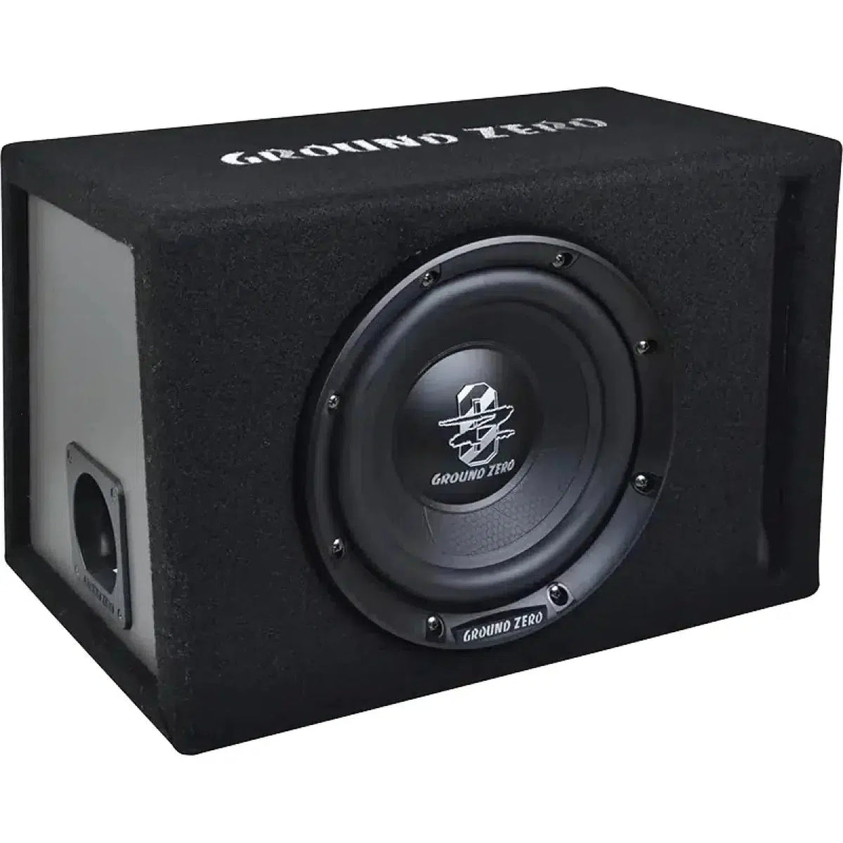 El Ground Zero Iridium GZIB 20BR es un subwoofer negro de 8 en una caja rectangular bass reflex, con 150W RMS de salida, driver frontal circular y ventilación lateral.