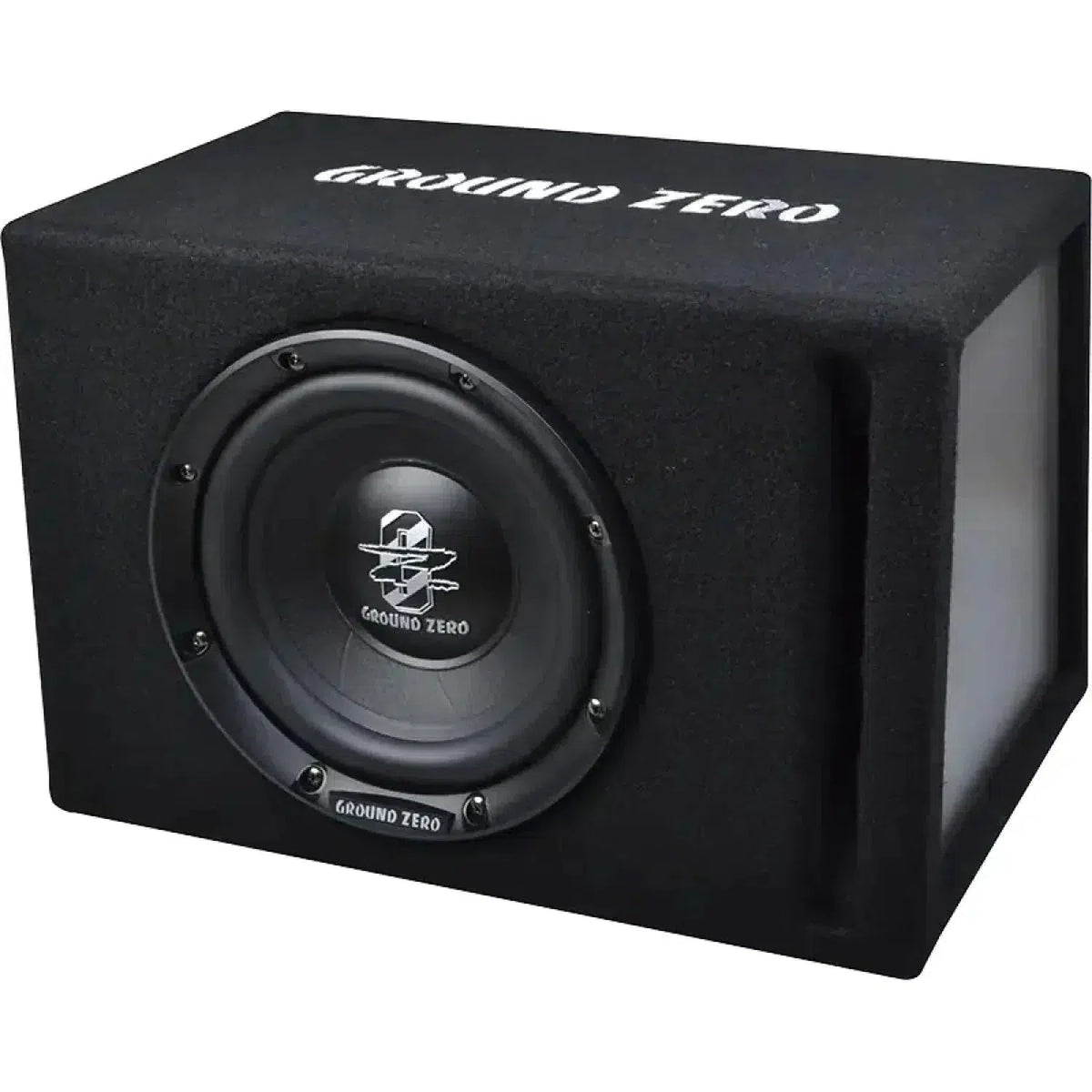 Le Ground Zero Iridium GZIB 20BR est un subwoofer noir de 8 dans un boîtier bass-reflex rectangulaire avec 150W RMS et le nom de la marque sur le dessus.