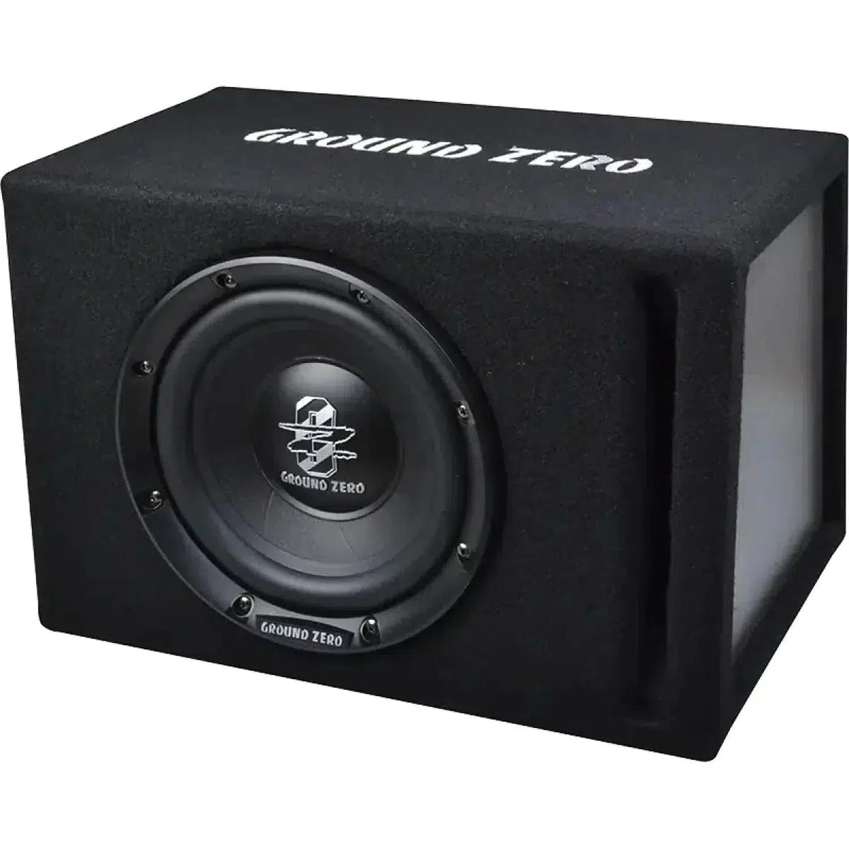 Le Ground Zero Iridium GZIB 20BR-ACT est un subwoofer noir dans un boîtier bass reflex rectangulaire avec le nom de la marque sur le dessus et lavant.