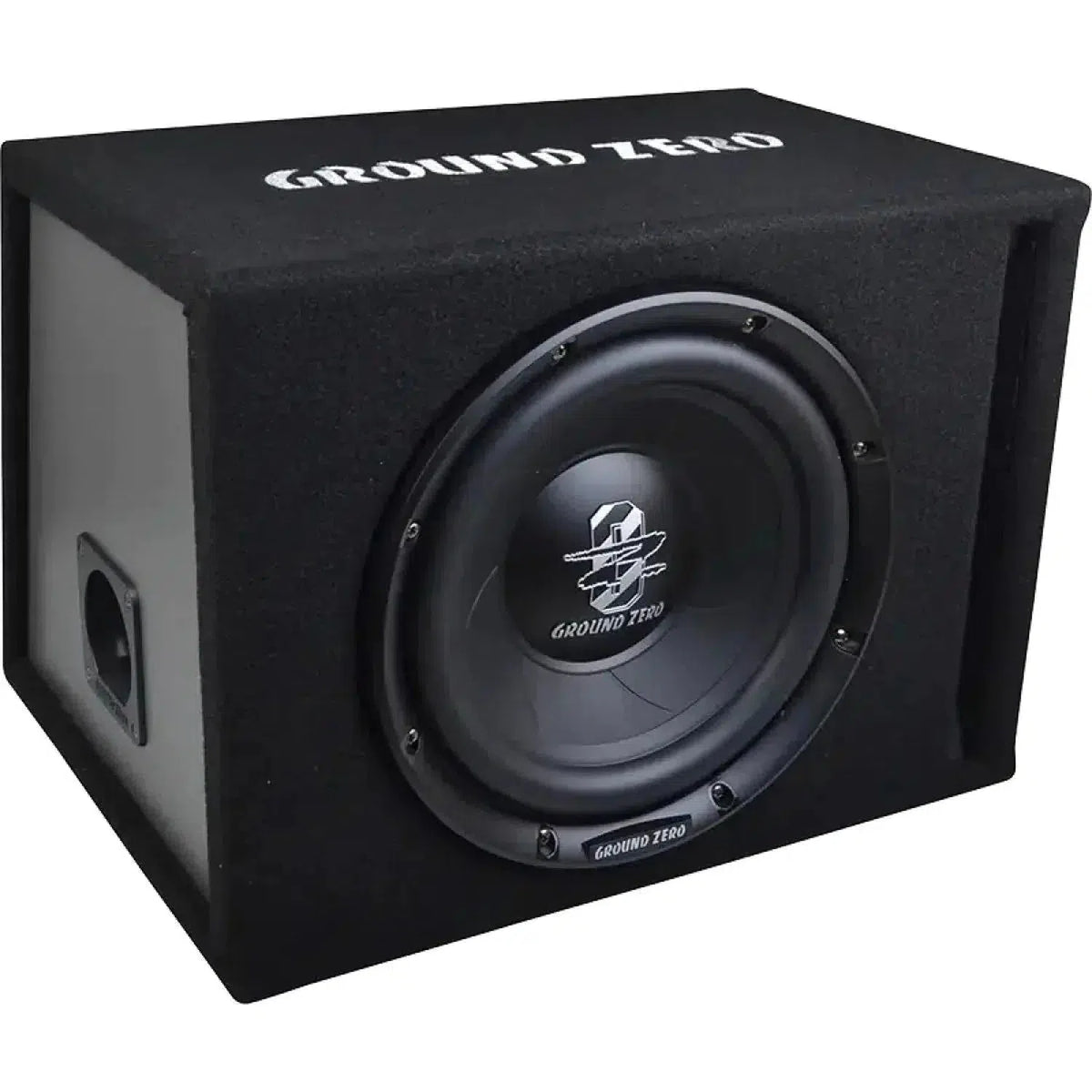 Le Ground Zero Iridium GZIB 25BR est un subwoofer noir de 10 dans un caisson bass-reflex rectangulaire avec logo frontal et poignée latérale.