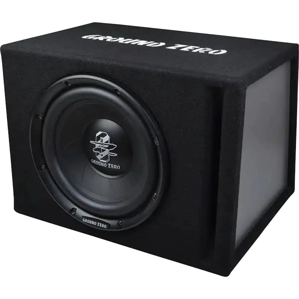 The Ground Zero Iridium GZIB 25BR is a black 10 Zoll subwoofer in a rectangular bass reflex enclosure with the brand logo on top.