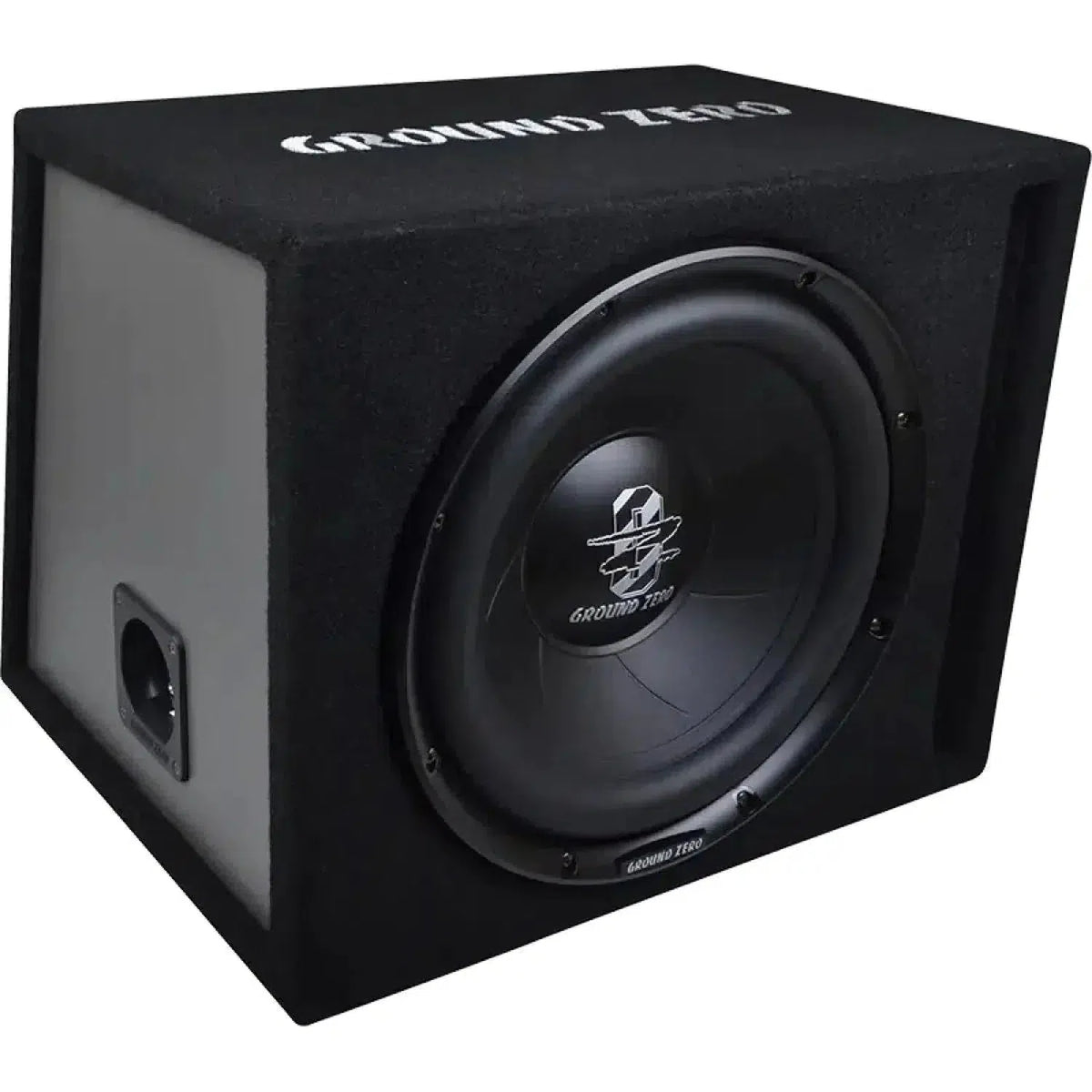Le Ground Zero Iridium GZIB 30BR est un subwoofer noir de 12 dans un caisson bass-reflex rectangulaire avec un haut-parleur frontal, un port latéral et une puissance de 350 W RMS.