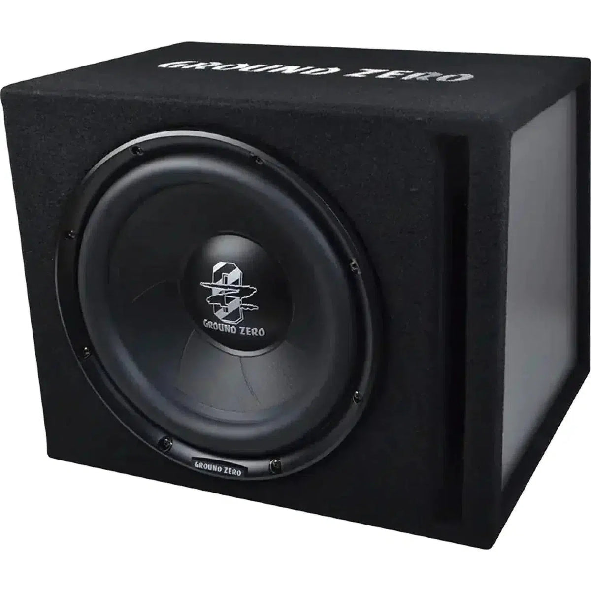 El Ground Zero Iridium GZIB 30BR es un subwoofer negro de 12 en una caja bass reflex rectangular y alfombrada con logotipos y una potencia RMS de 350W.