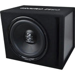 Le Ground Zero Iridium GZIB 30BR est un subwoofer noir de 12 dans un caisson bass-reflex rectangulaire recouvert de moquette avec des logos et une puissance de 350 W RMS.