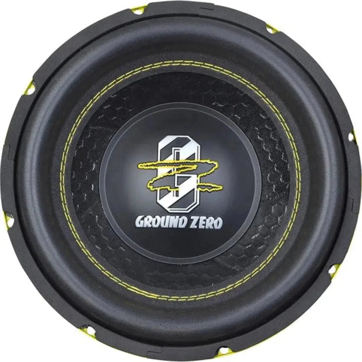 Il subwoofer Ground Zero Iridium GZIW 10XSPL-D2 SPL è nero con cuciture gialle e presenta il logo Ground Zero al centro.