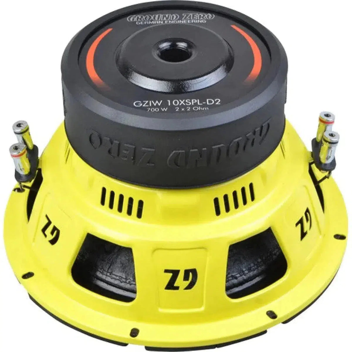 Il Ground Zero Iridium GZIW 10XSPL-D2 è un subwoofer giallo da 10 Zoll con accenti neri e rossi e terminali di cablaggio visibili.