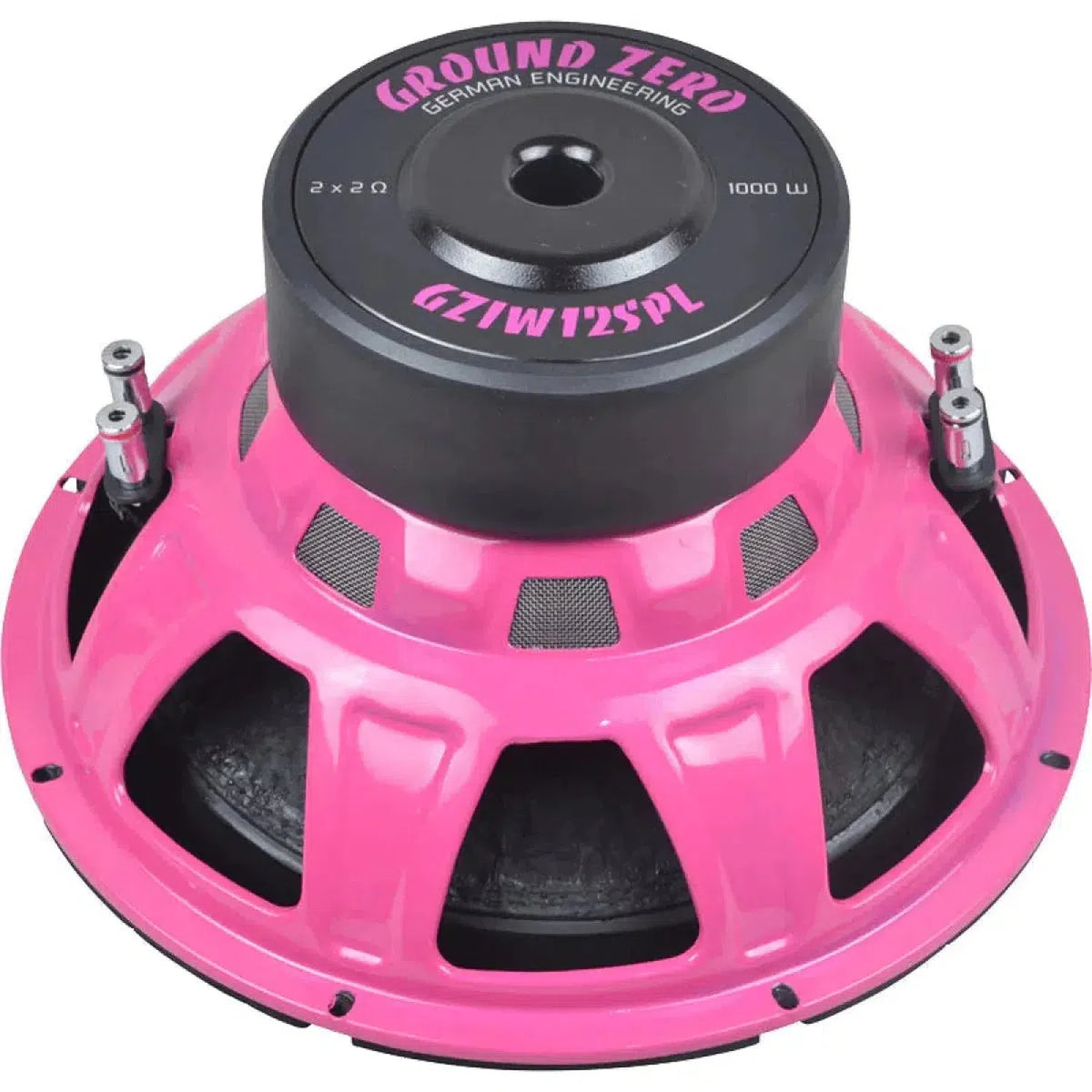 De Ground Zero Iridium GZIW 12SPL PINK subwoofer levert 1000 W, heeft een zwarte magneet en zilveren aansluitingen - een echte SPL uitblinker.