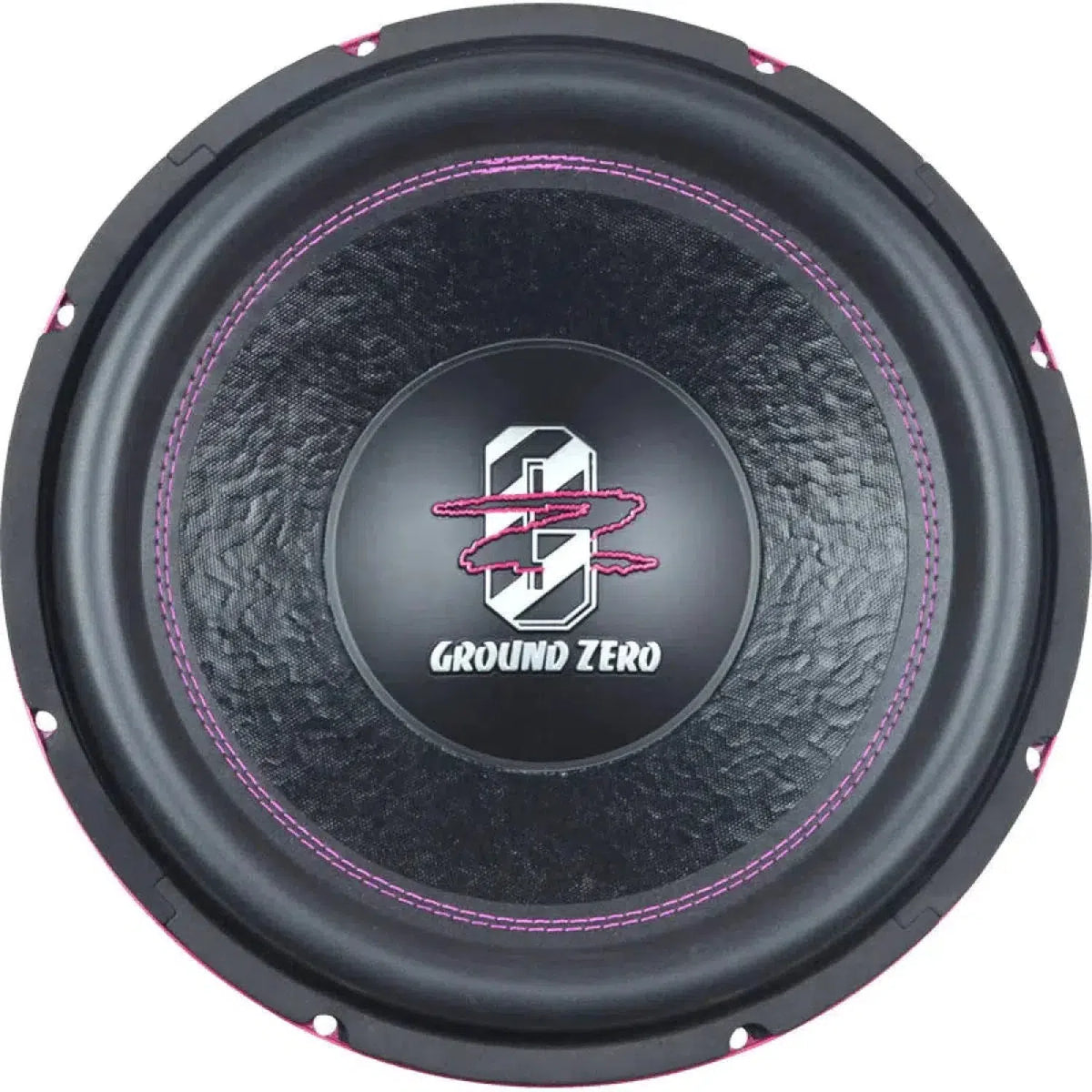 De Ground Zero Iridium GZIW 12SPL PINK is een ronde zwarte 12 Zoll subwoofer met roze stiksels en centraal logo - perfect voor krachtige bas.
