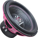 De Ground Zero Iridium GZIW 12SPL PINK subwoofer heeft een zwart en roze ontwerp met zichtbare bedradingsterminals en een vet kegel-logo.