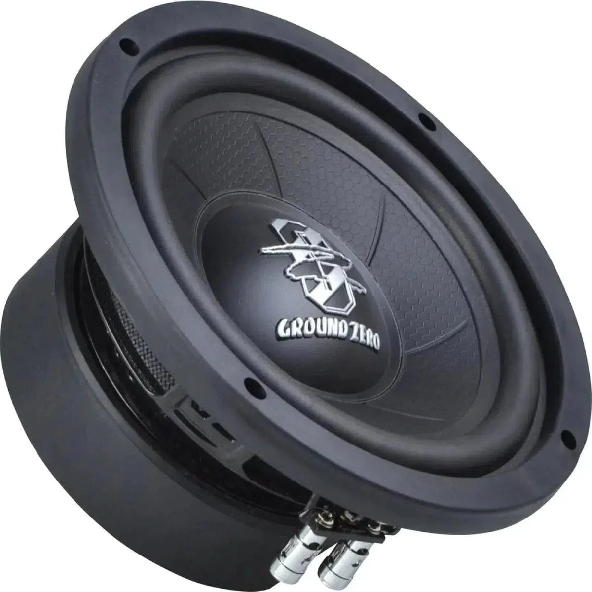 The Ground Zero Iridium GZIW 165 is a black 6.5 subwoofer featuring a textured cone and Klippel-optimized connection terminals at the bottom.