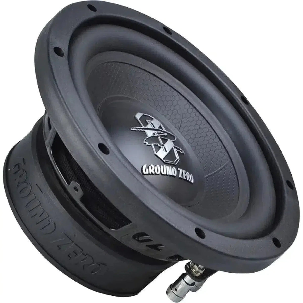 El Ground Zero Iridium GZIW 200 es un subwoofer negro de 8 con cono hexagonal, logotipo central, impedancia de 4 ohmios y 150 W RMS de potencia.