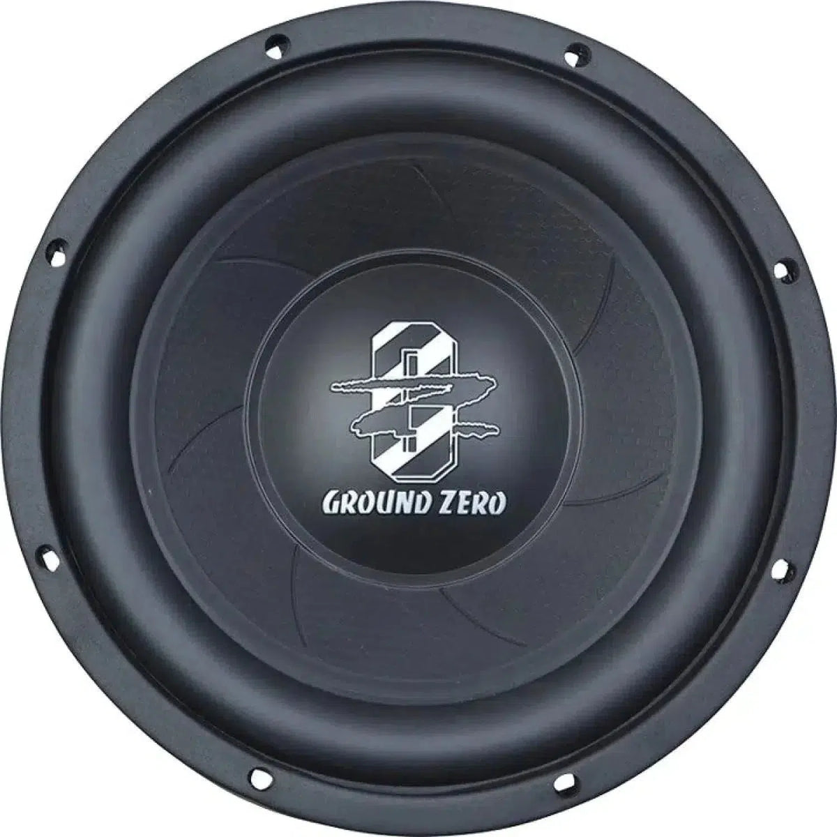 Il Ground Zero Iridium GZIW 250 è un potente subwoofer nero da 10 pollici con logo al centro, che eroga 250 W RMS.