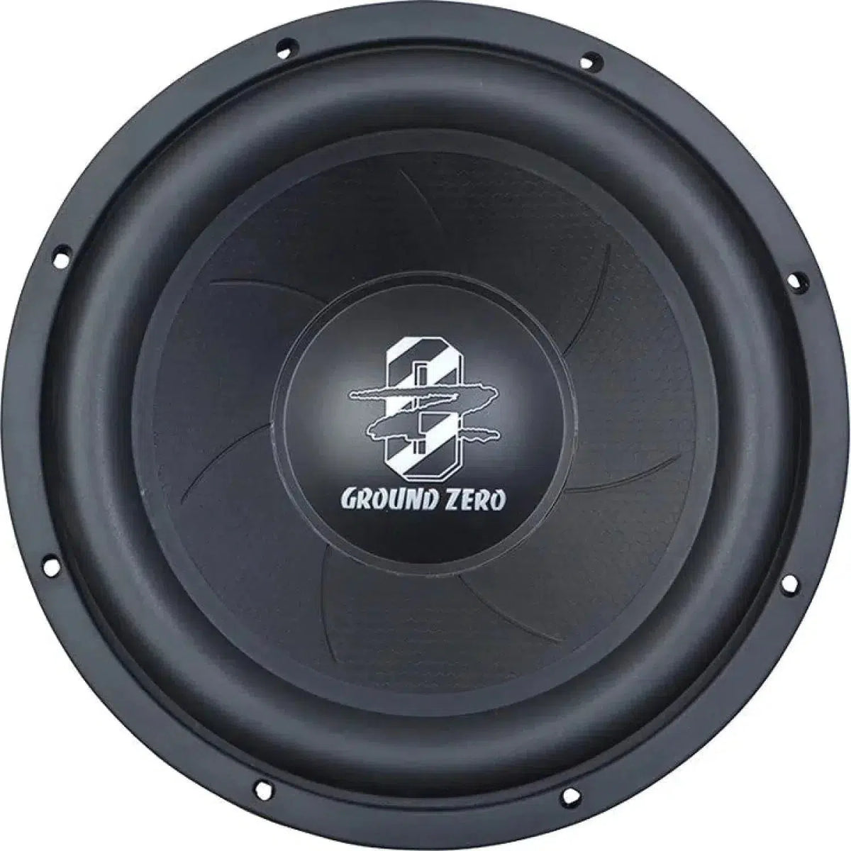 Subwoofer redondo negro Ground Zero Iridium GZIW 300 con el logotipo blanco en el centro, visto desde arriba. Este subwoofer de 12 ofrece una potente potencia de 350 vatios RMS.