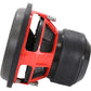 Vue latérale du subwoofer Ground Zero Nuclear GZNW 12Xmax doté dun cadre métallique rouge, dun cône en aluminium noir et dun couvercle de protection noir à larrière.