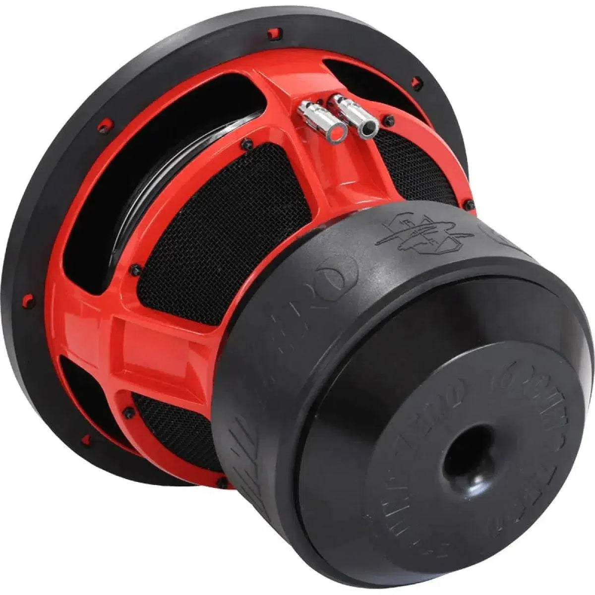 Le Ground Zero Nuclear GZNW 12Xmax est un grand subwoofer de 12 pouces avec un cône en aluminium, un cadre robuste, des accents en maille et deux bornes métalliques en rouge et noir.