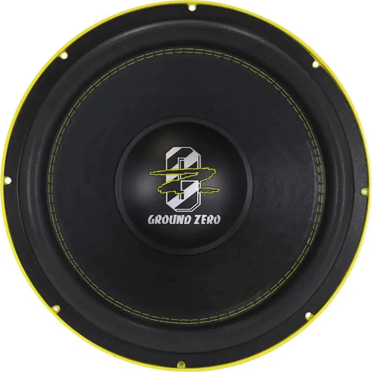 De Ground Zero Nuclear GZNW 38NEO-SPL is een zwarte 15 SPL subwoofer met een gele rand, gestikte details, neodymium motor, aluminium gegoten korf en centraal logo.