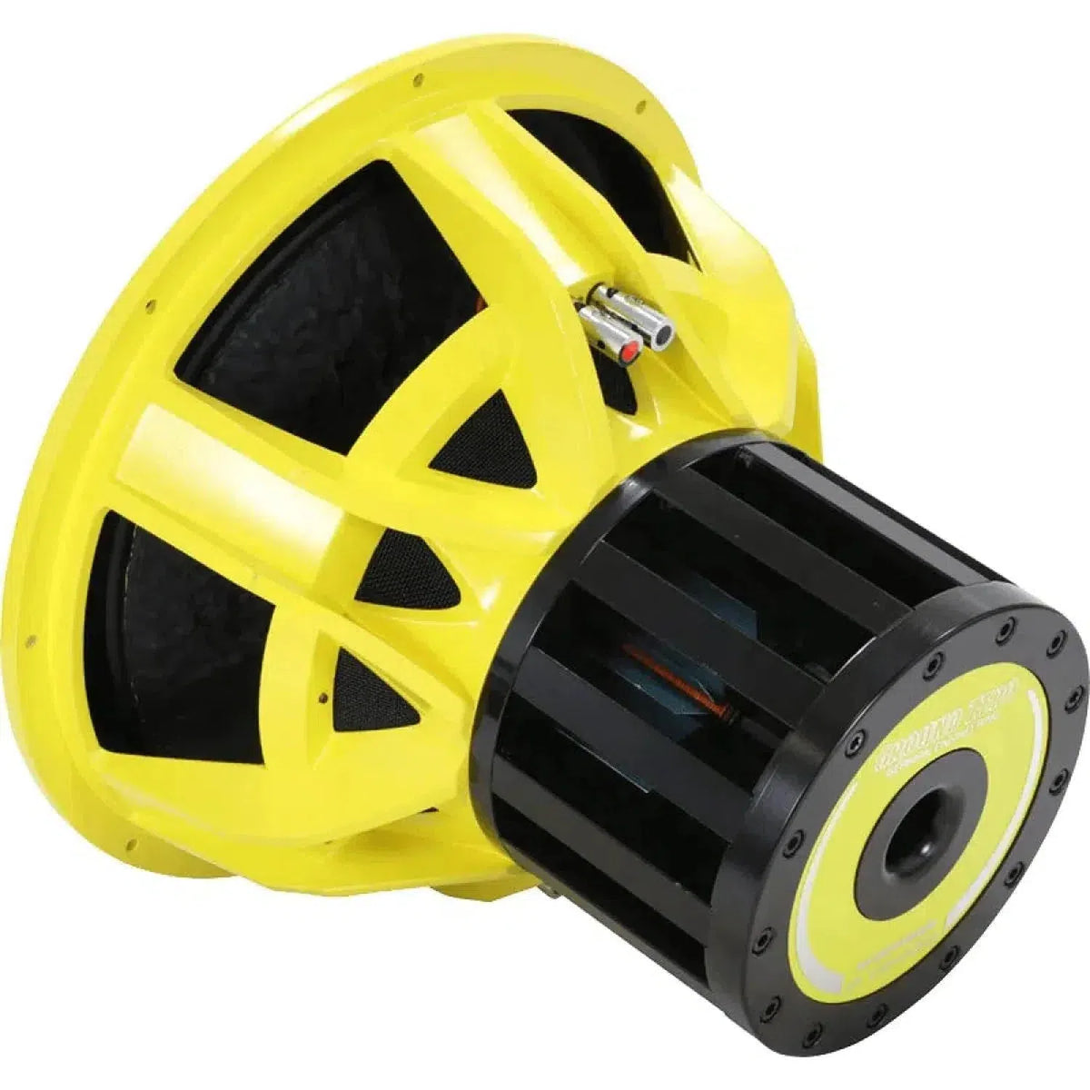 De Ground Zero Nuclear GZNW 38NEO-SPL is een grote geel met zwarte 15 SPL subwoofer met een stevige aluminium korf, zichtbare bedrading en een ronde montagevoet.