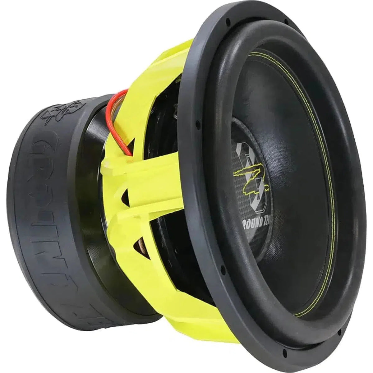 Le Ground Zero Nuclear GZNW 38SPL est un grand subwoofer noir/jaune de 15 pouces avec câblage apparent, cône strié et SPL jusquà 3500 W RMS.