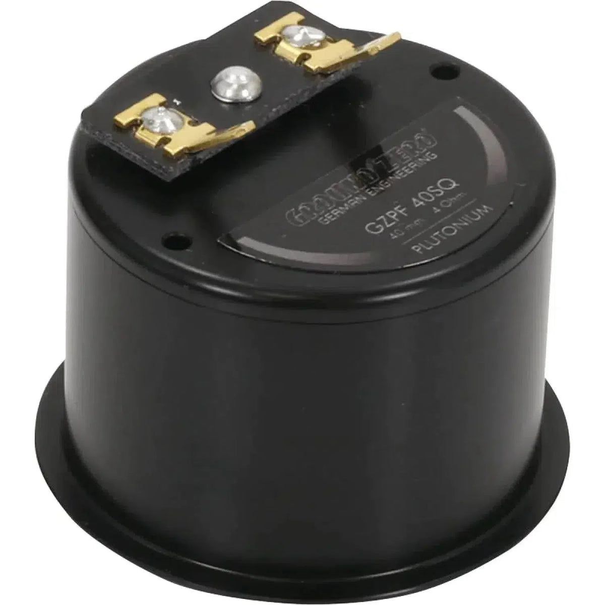 A round, black Ground Zero Plutonium GZPF 40SQ speaker with two metal terminals, 40 mm size, delivers high-end full-range performance.