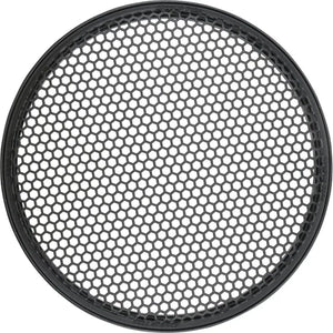 La Ground Zero Plutonium GZPG 250B est une grille denceinte ronde en nid dabeille pour subwoofers de 25 cm, présentée de haut en bas sur fond blanc - idéale pour votre installation.