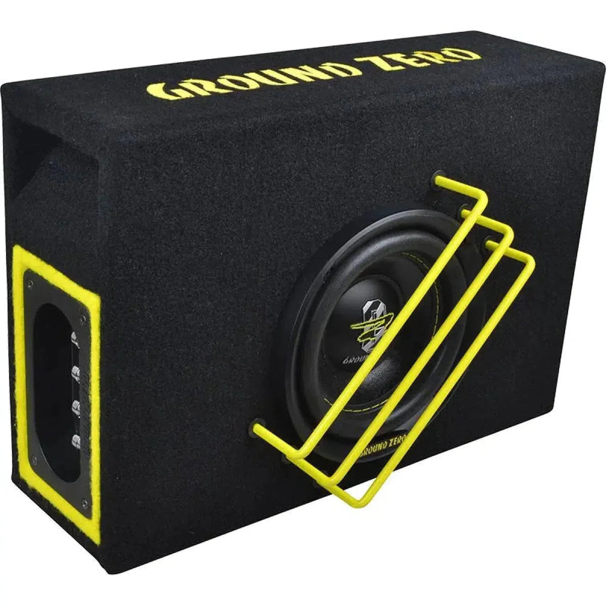 El Ground Zero Radioactive GZRB 16SPL es una caja de subwoofer negra con detalles en amarillo, el texto GROUND ZERO en la parte superior y una rejilla protectora amarilla para el subwoofer de 6,5.