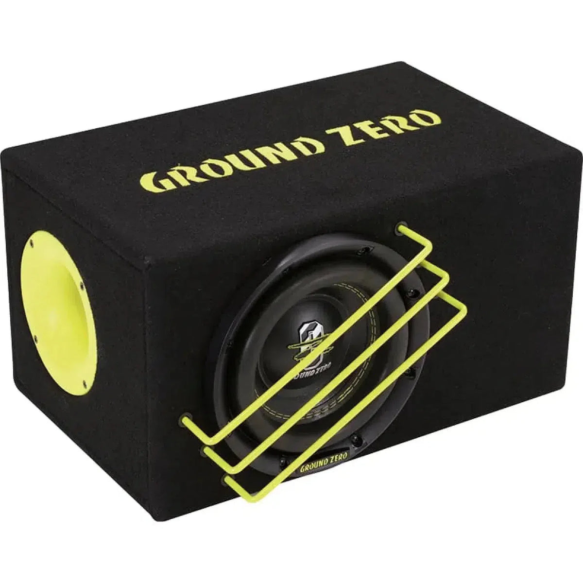 Il Ground Zero Radioactive GZRB 20SPL è un subwoofer nero da 8 con accenti gialli, logo superiore, design bass reflex e griglia protettiva in metallo giallo.