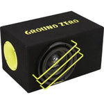 Le Ground Zero Radioactive GZRB 20SPL est un caisson de basse noir de 8 pouces avec des accents jaunes, un logo supérieur, un design bass reflex et une grille de protection en métal jaune.