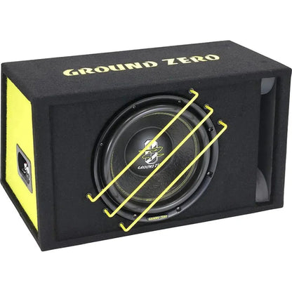 The Ground Zero Radioactive GZRB 30SPL is a black and yellow 30 cm SPL subwoofer in a bass reflex enclosure with three yellow protective bars.
