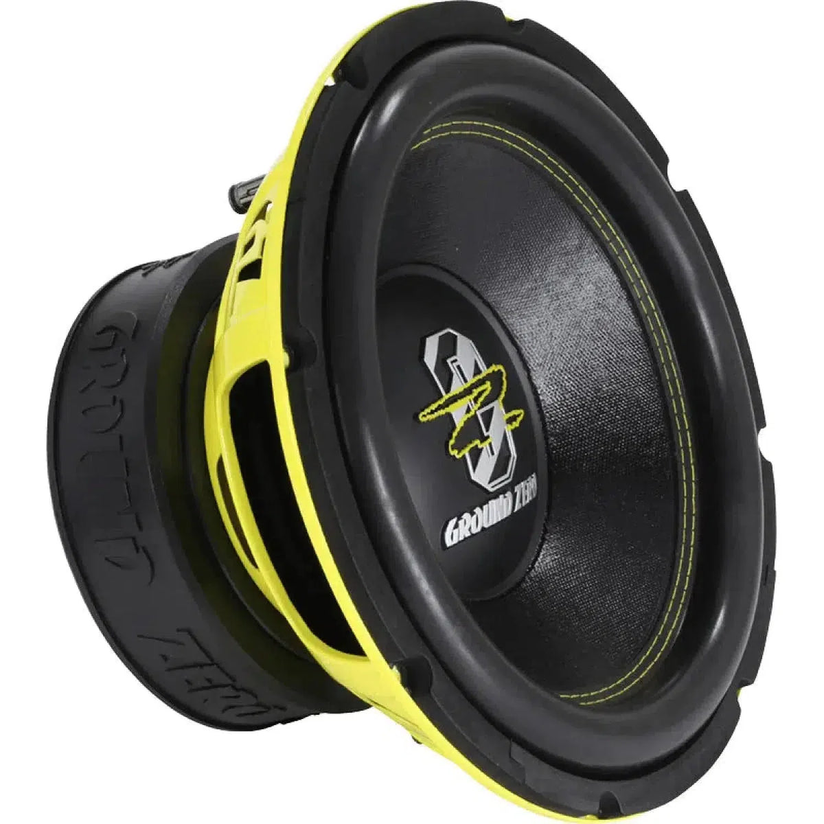 Le Ground Zero Radioactive GZRW 12XSPL est un subwoofer noir et jaune avec un logo sur le cône, conçu pour des basses puissantes.