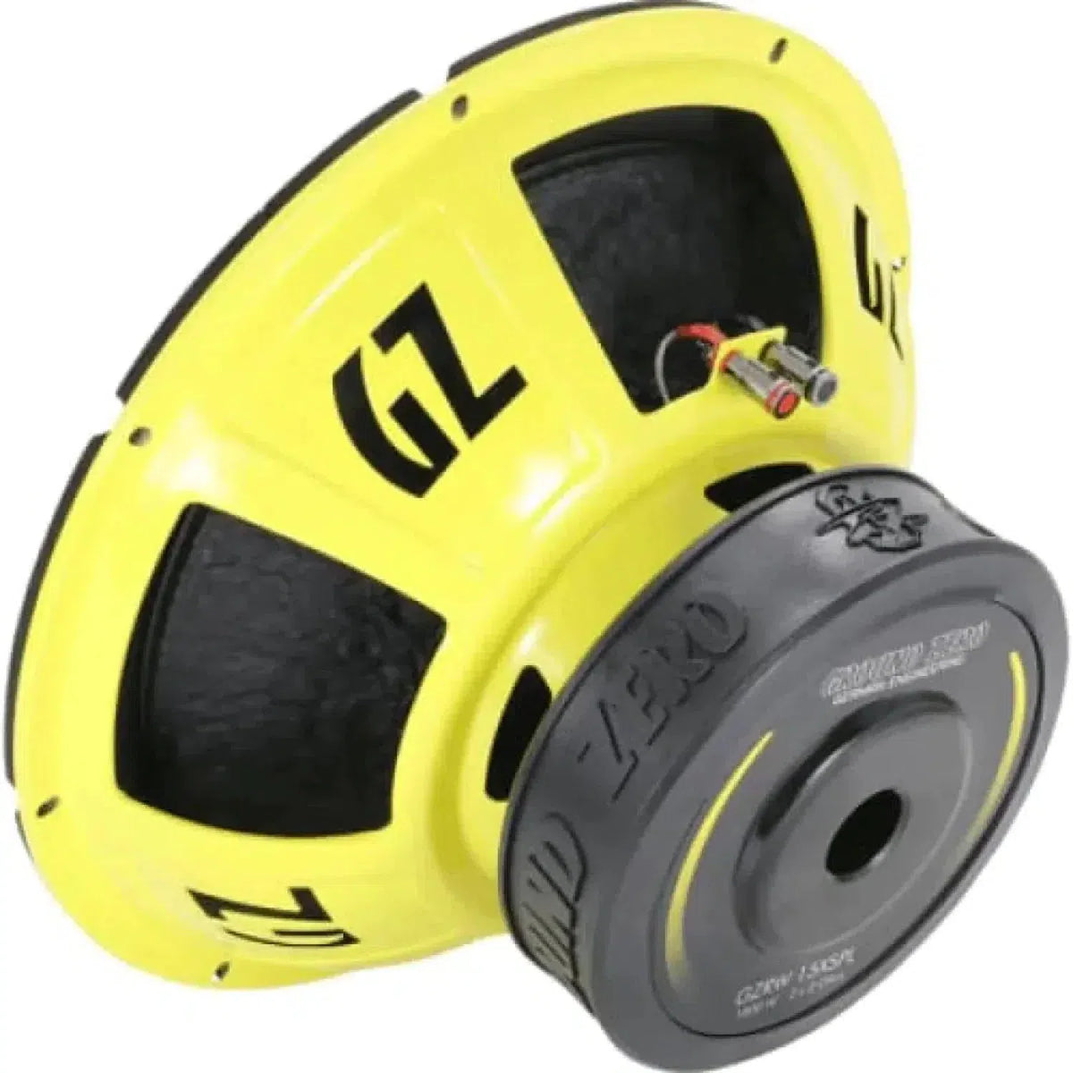 El Ground Zero Radioactive GZRW 15XSPL es un subwoofer de 15 con imán negro, marco amarillo, logotipo GZ y terminales expuestos, ideal para los entusiastas del SPL.