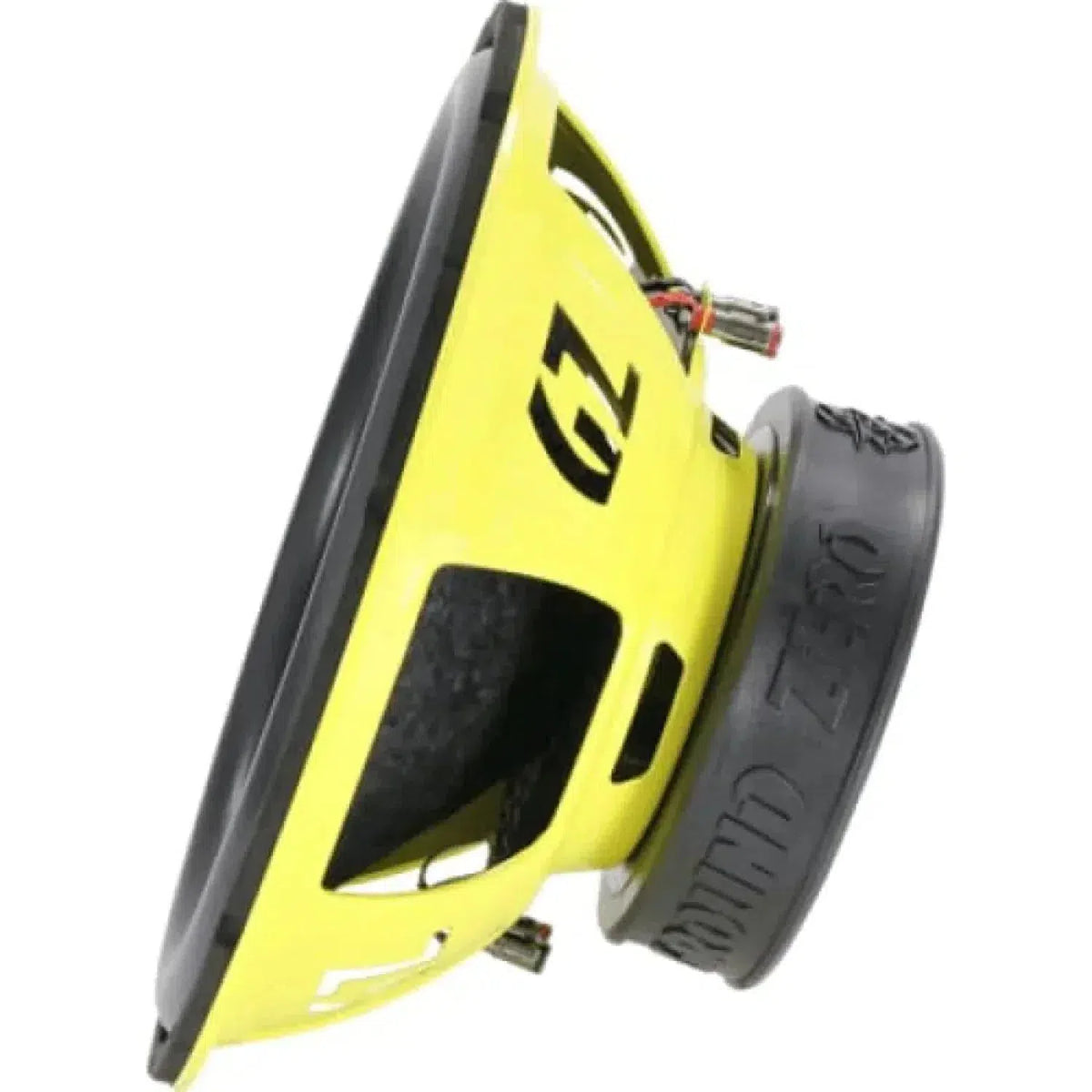 Vista lateral de un subwoofer Ground Zero Radioactive GZRW 15XSPL amarillo con cono negro, cableado visible, DZ en el marco y texto grabado en la cubierta negra del imán trasero.