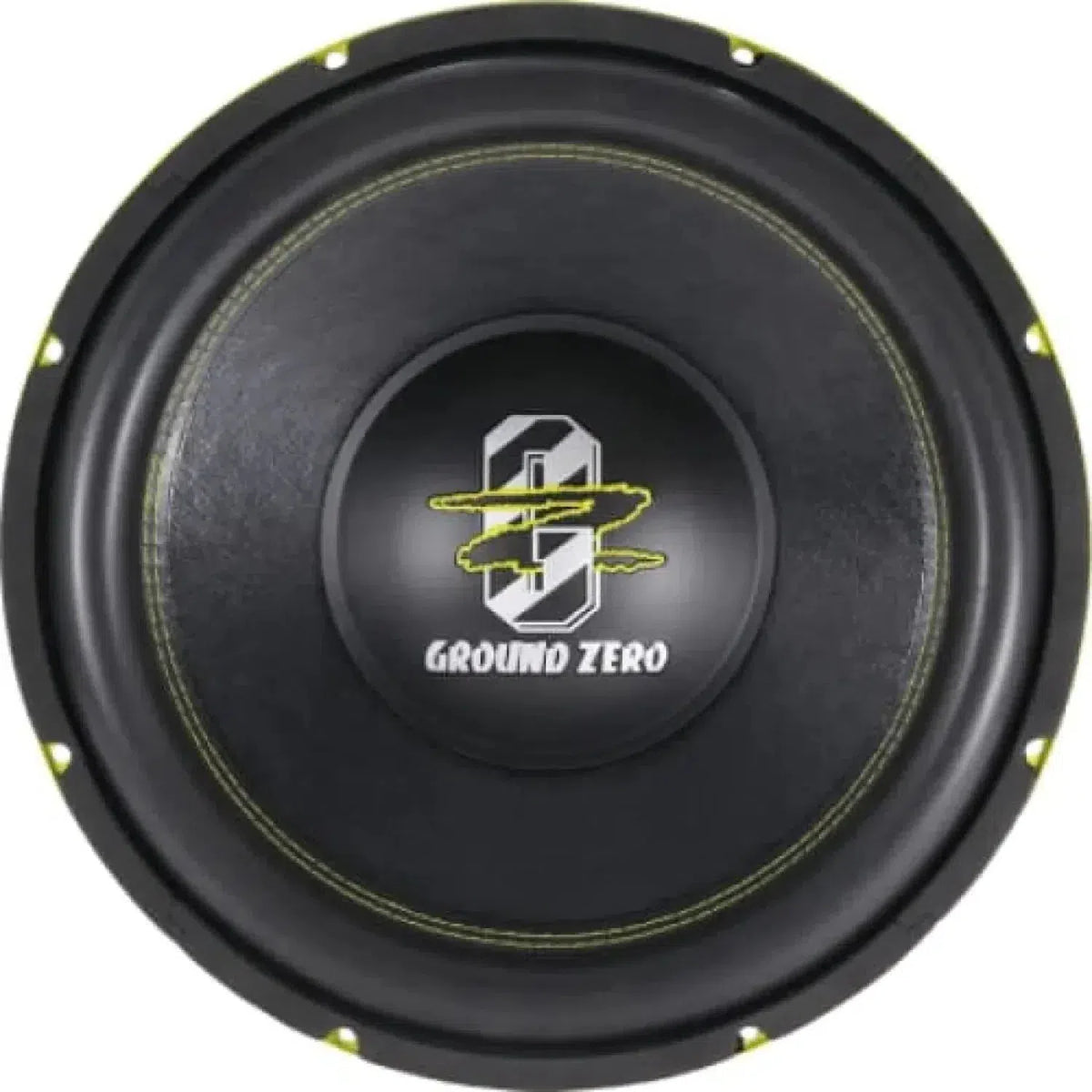 Un subwoofer Ground Zero Radioactive GZRW 15XSPL SPL negro redondo con detalles amarillos, marca blanca y logotipo GZ estilizado.