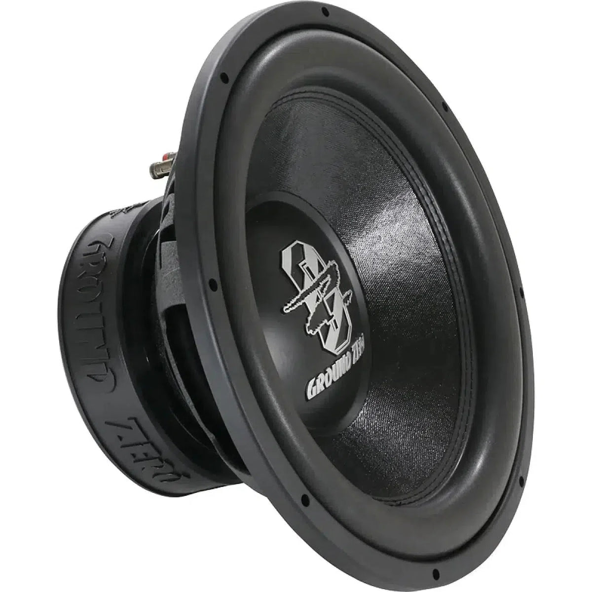 Subwoofer Ground Zero Radioactive GZRW 38-D2 da 15 di colore nero, con logo in evidenza, design rotondo e profondo, ampio bordo in gomma e potenza RMS di 1000W.