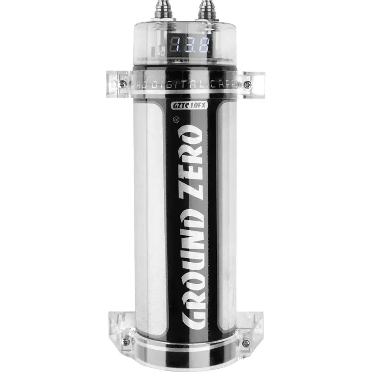 De Ground Zero Titanium GZTC 1.0FX - 1 Farad heeft een heldere cilindrische behuizing, een zwart met zilveren ontwerp en een LCD-spanningsweergave bovenop.
