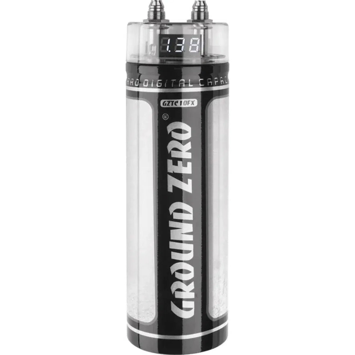 De Ground Zero Titanium GZTC 1.0FX 1 Farad Kondensator met LCD spanningsweergave bovenop toont 12,38V.