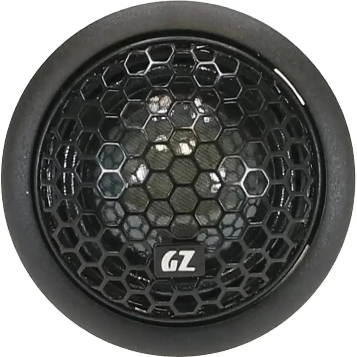 Close-up van een ronde zwarte Ground Zero Uranium GZUC 165.3SQ luidspreker met een zeshoekig rooster en een wit GZ-logo in het midden.