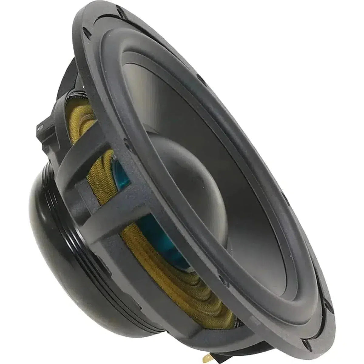 Un driver audio Ground Zero Uranium GZUC 165.3SQ-ACT nero con sospensione gialla, cono visibile e cappuccio antipolvere, mostrato angolato su uno sfondo bianco.