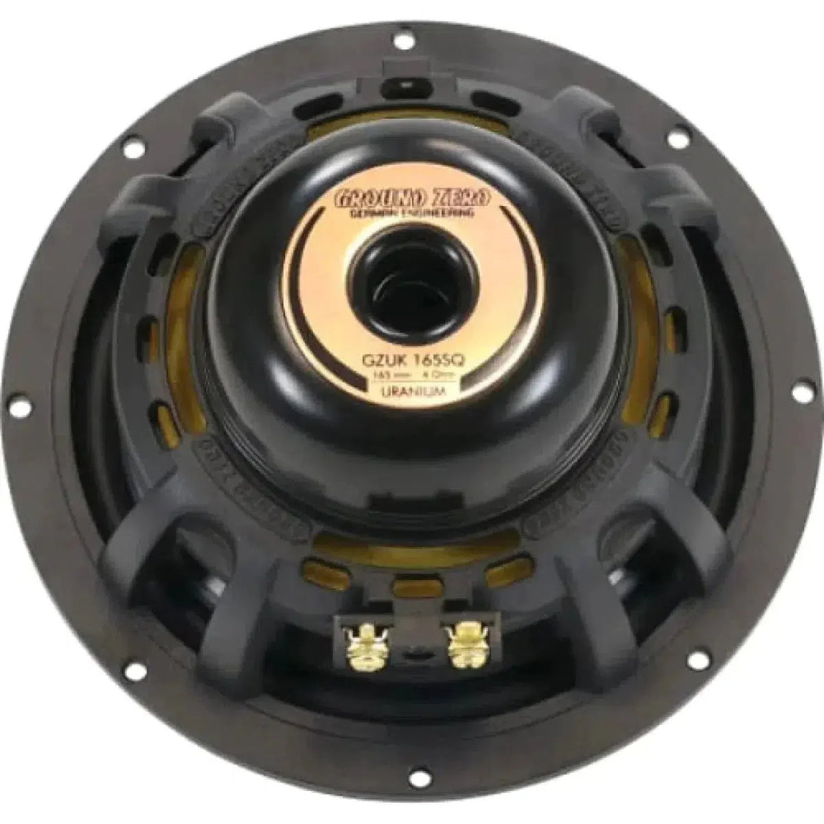 Il Ground Zero Uranium GZUC 165.3SQ-ACT è un diffusore audio per auto rotondo da 5 pollici, nero e oro, con terminali di cablaggio visibili e logo Uranium al centro.