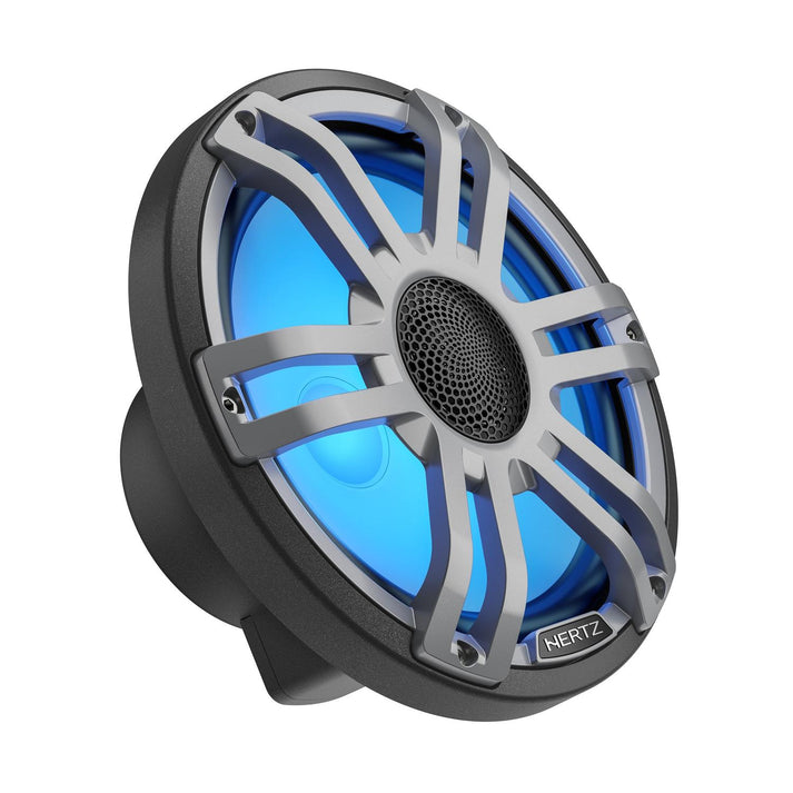 The Hertz HMX 8.8 S-LD-G.2 is a round speaker with a glowing blue center, metallic gray grille, radial design, and bold sound; brand shown on the lower edge.