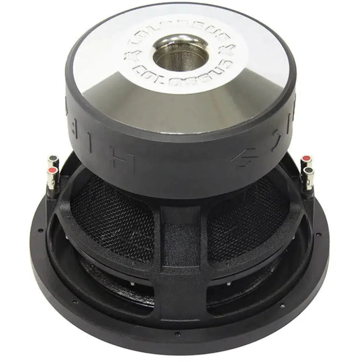 LHifonics Colossus CX12D2 è un subwoofer nero e argento da 12 Zoll con magnete metallico retrovisore, terminali per altoparlanti e Dual-Schwingspule.