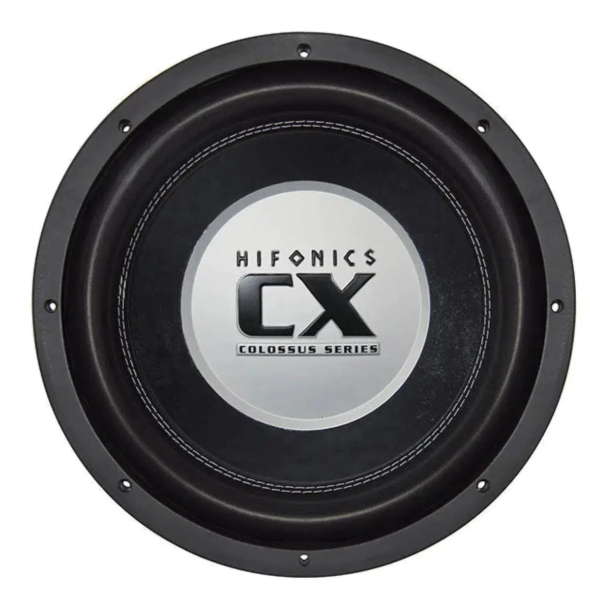 LHifonics Colossus CX12D2 è un subwoofer rotondo nero e argento da 12 che eroga un suono potente da 4000W RMS, con il nome della serie stampato al centro.