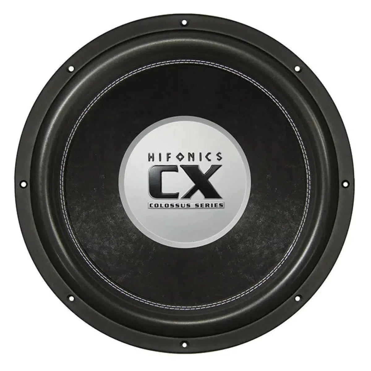 Le subwoofer noir Hifonics Colossus CX15D2 15 délivre 4500W RMS et présente un centre argenté avec le nom de la marque et de la série.