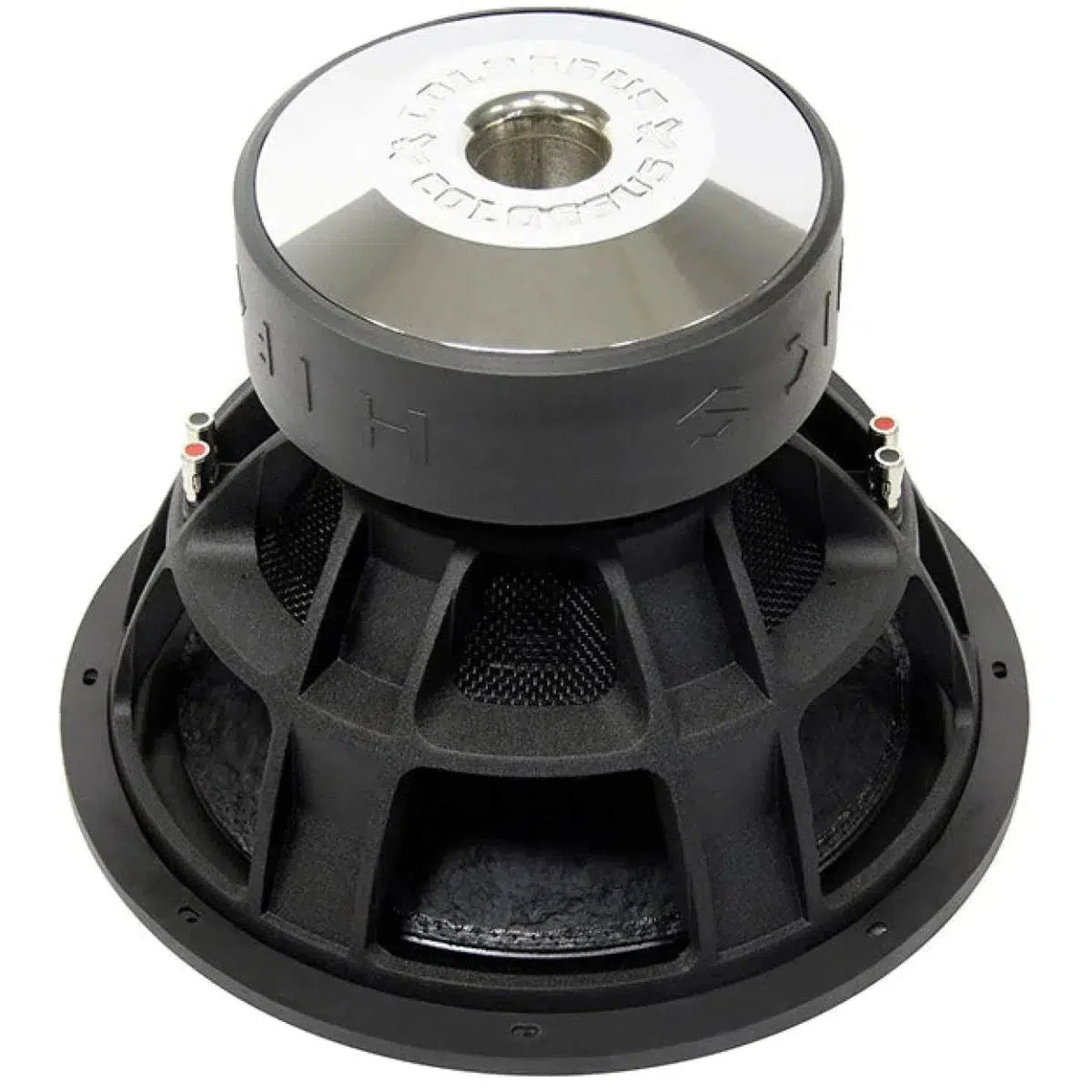 Un gros plan du subwoofer Hifonics Colossus CX15D2 15 met en évidence son aimant métallique, ses bornes, son cadre noir et sa puissance de 4500 W RMS.