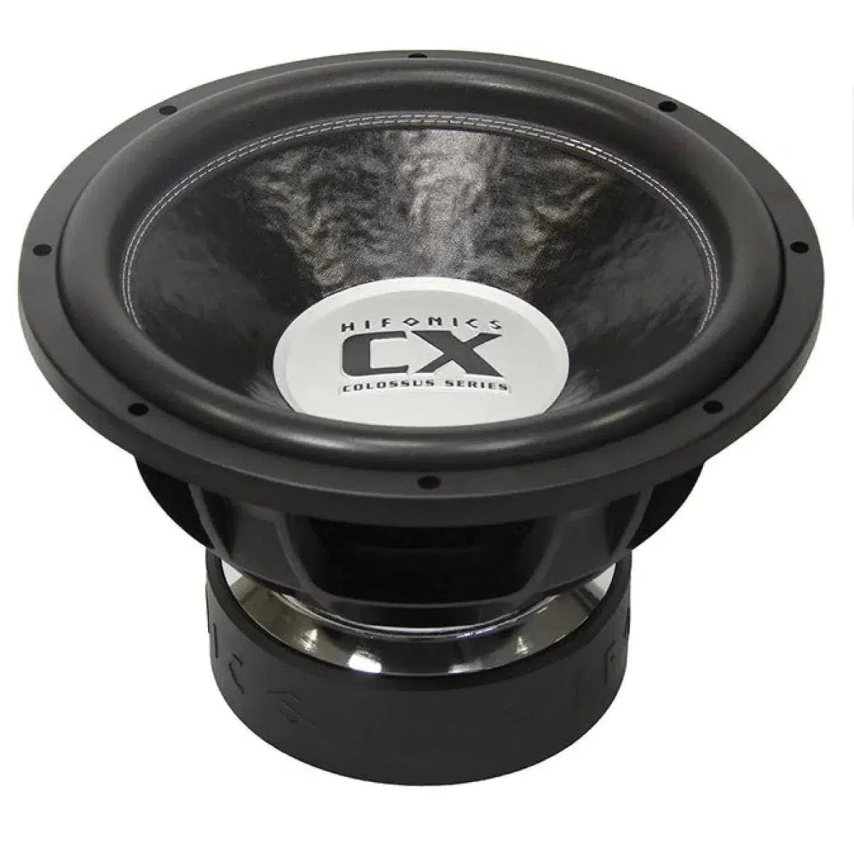 LHifonics Colossus CX15D2 è un subwoofer nero da 15 con accenti metallici e un grande cono, che eroga 4500W RMS, mostrato angolato su uno sfondo bianco.